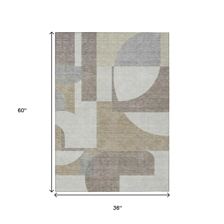 3' X 5' Khaki And Silver Geometric Washable Indoor Outdoor Area Rug