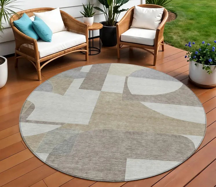 8' Khaki And Silver Round Geometric Washable Indoor Outdoor Area Rug
