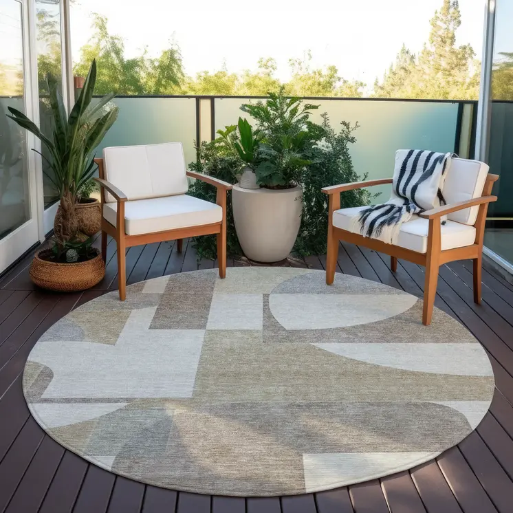8' Khaki And Silver Round Geometric Washable Indoor Outdoor Area Rug