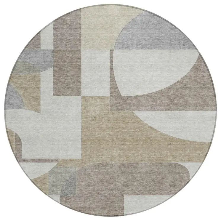 8' Khaki And Silver Round Geometric Washable Indoor Outdoor Area Rug