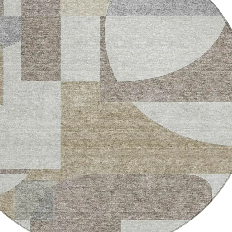 8' Khaki And Silver Round Geometric Washable Indoor Outdoor Area Rug