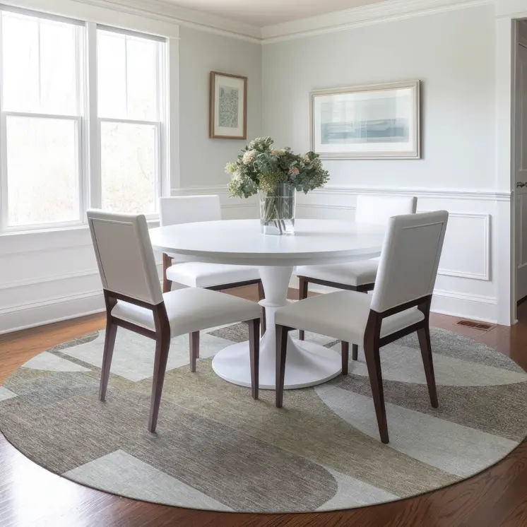 8' Khaki And Silver Round Geometric Washable Indoor Outdoor Area Rug