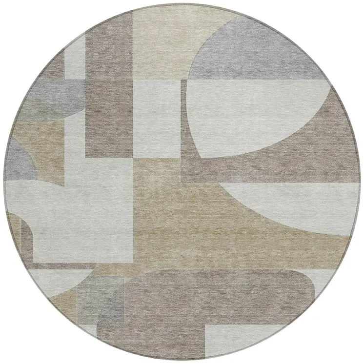8' Khaki And Silver Round Geometric Washable Indoor Outdoor Area Rug