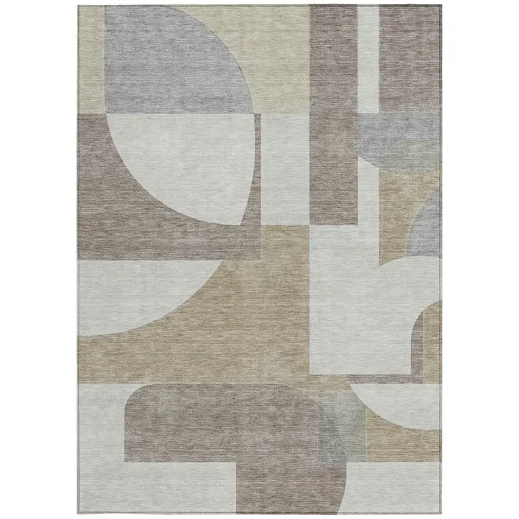 8' X 10' Khaki And Silver Geometric Washable Indoor Outdoor Area Rug