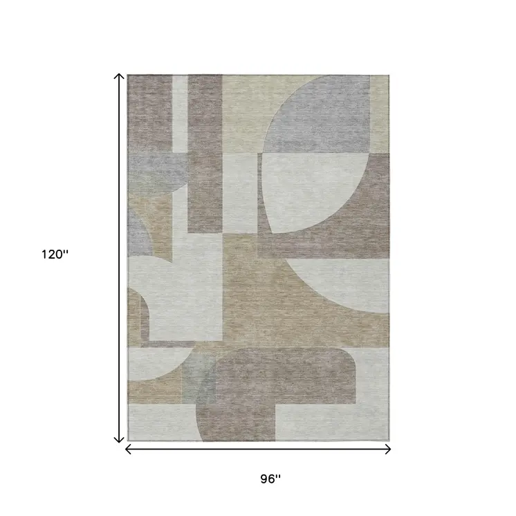 8' X 10' Khaki And Silver Geometric Washable Indoor Outdoor Area Rug