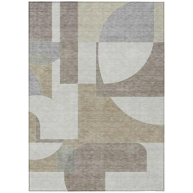 8' X 10' Khaki And Silver Geometric Washable Indoor Outdoor Area Rug