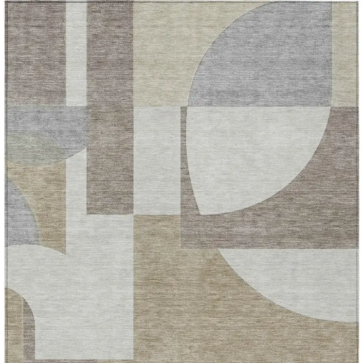 8' X 10' Khaki And Silver Geometric Washable Indoor Outdoor Area Rug