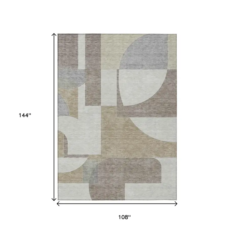 9' X 12' Khaki And Silver Geometric Washable Indoor Outdoor Area Rug