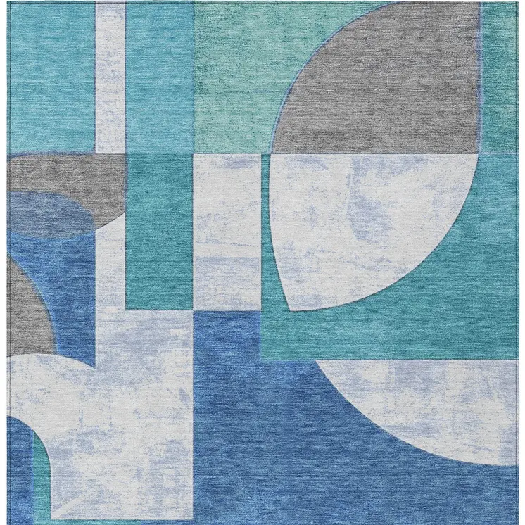 3' X 5' Teal Blue And Ivory Geometric Washable Indoor Outdoor Area Rug