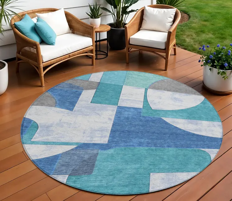 8' Teal Blue And Ivory Round Geometric Washable Indoor Outdoor Area Rug