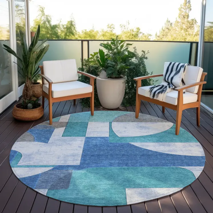 8' Teal Blue And Ivory Round Geometric Washable Indoor Outdoor Area Rug