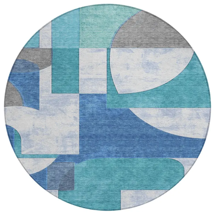 8' Teal Blue And Ivory Round Geometric Washable Indoor Outdoor Area Rug