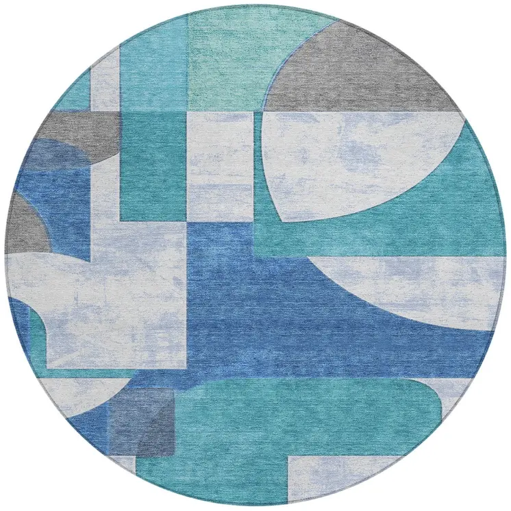 8' Teal Blue And Ivory Round Geometric Washable Indoor Outdoor Area Rug