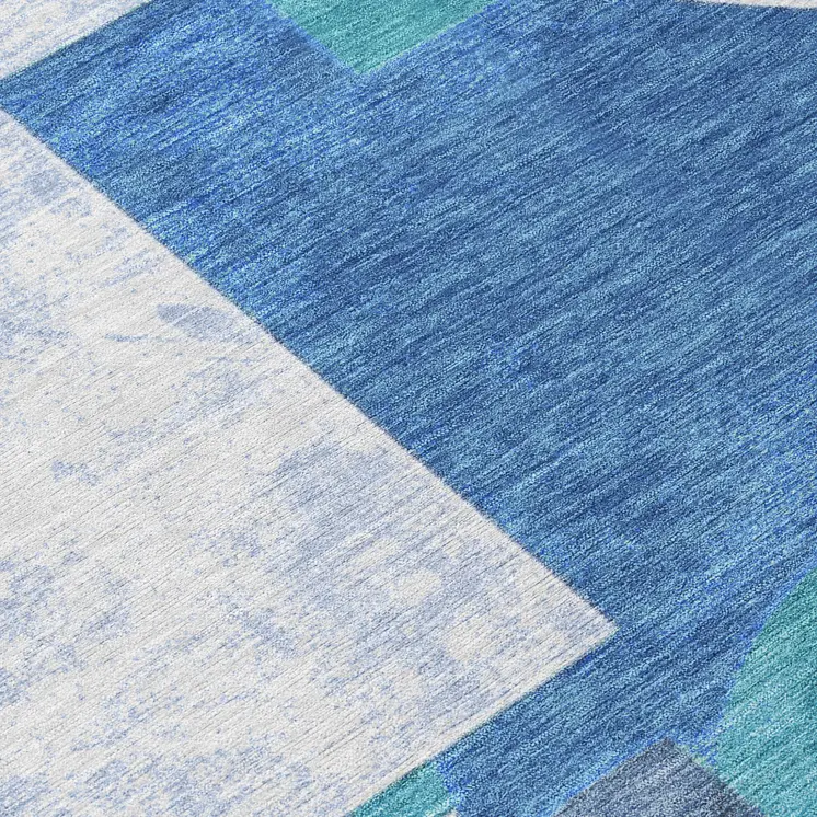 8' Teal Blue And Ivory Round Geometric Washable Indoor Outdoor Area Rug