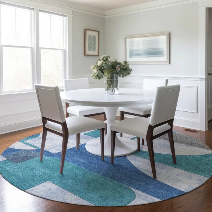 8' Teal Blue And Ivory Round Geometric Washable Indoor Outdoor Area Rug