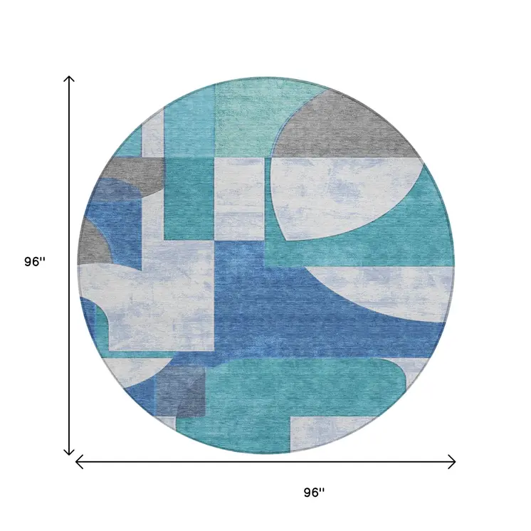 8' Teal Blue And Ivory Round Geometric Washable Indoor Outdoor Area Rug