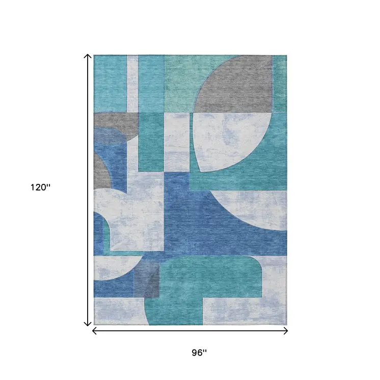 8' X 10' Teal Blue And Ivory Geometric Washable Indoor Outdoor Area Rug