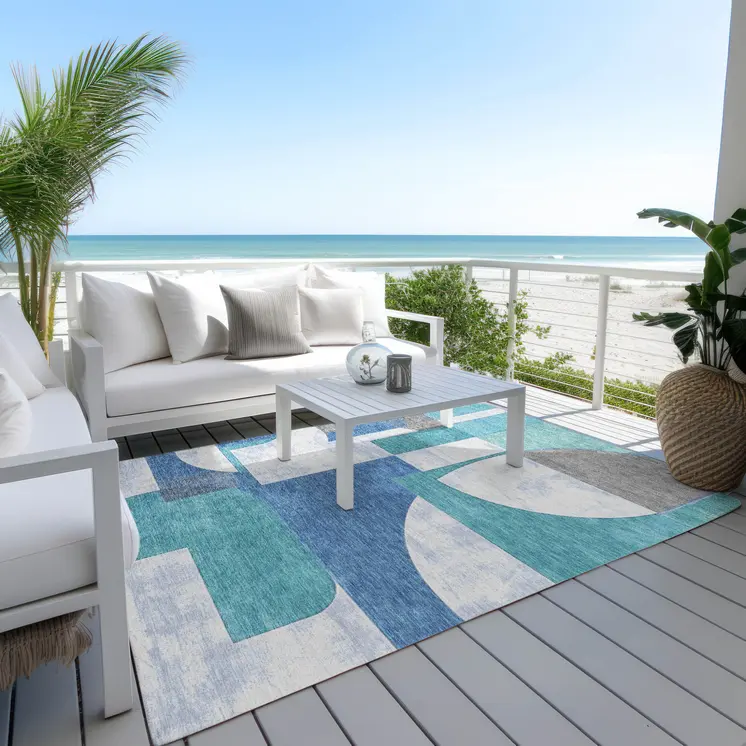 8' X 10' Teal Blue And Ivory Geometric Washable Indoor Outdoor Area Rug