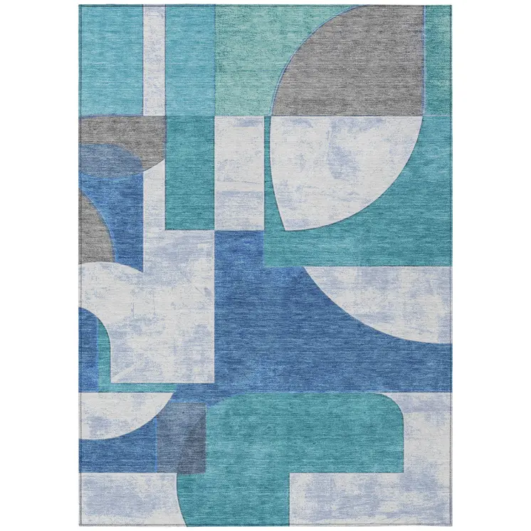 8' X 10' Teal Blue And Ivory Geometric Washable Indoor Outdoor Area Rug