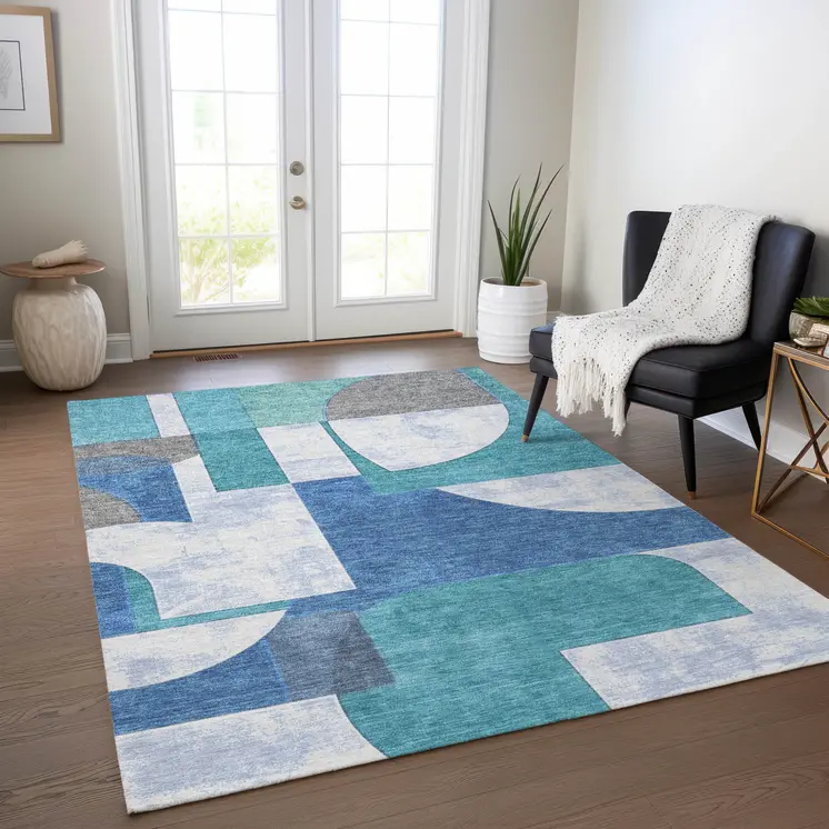 8' X 10' Teal Blue And Ivory Geometric Washable Indoor Outdoor Area Rug