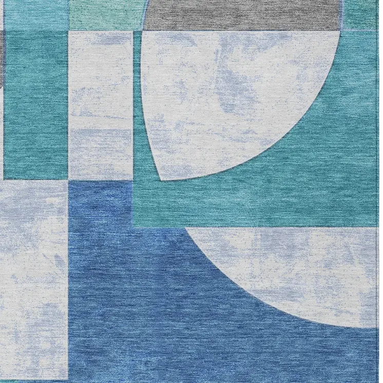9' X 12' Teal Blue And Ivory Geometric Washable Indoor Outdoor Area Rug