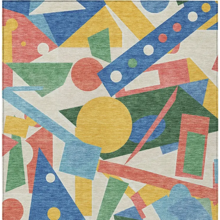 3' X 5' Blue Yellow Coral And Green Geometric Washable Indoor Outdoor Area Rug