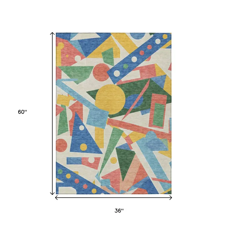 3' X 5' Blue Yellow Coral And Green Geometric Washable Indoor Outdoor Area Rug