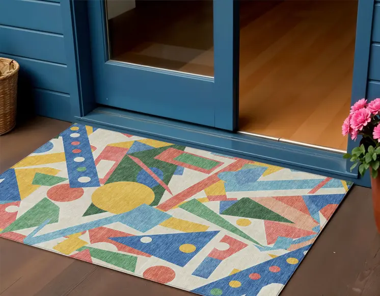 3' X 5' Blue Yellow Coral And Green Geometric Washable Indoor Outdoor Area Rug