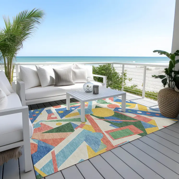 3' X 5' Blue Yellow Coral And Green Geometric Washable Indoor Outdoor Area Rug
