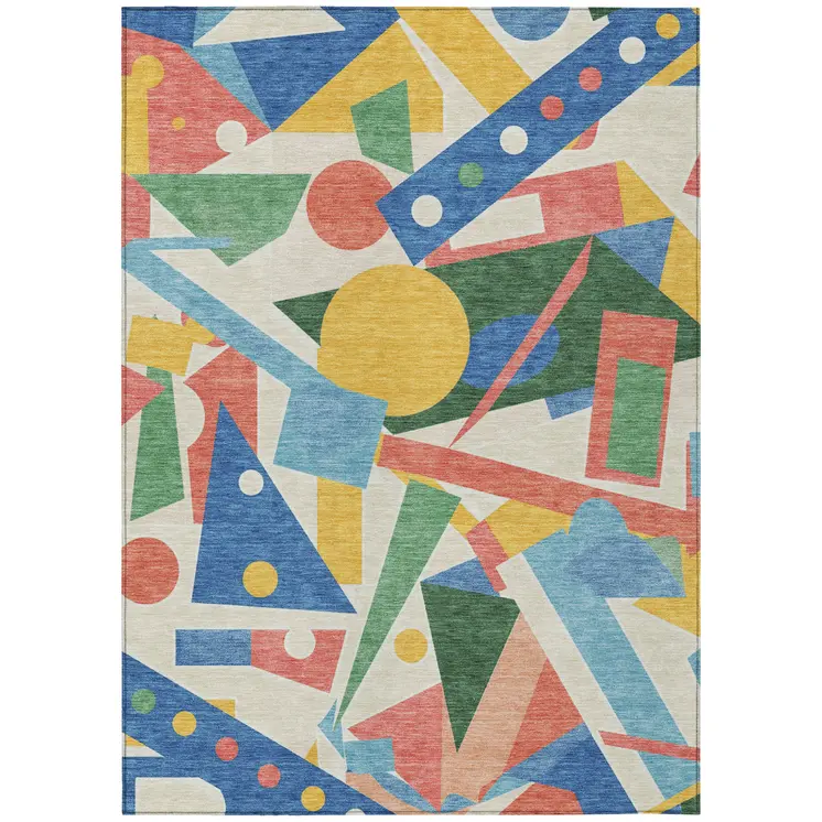 3' X 5' Blue Yellow Coral And Green Geometric Washable Indoor Outdoor Area Rug