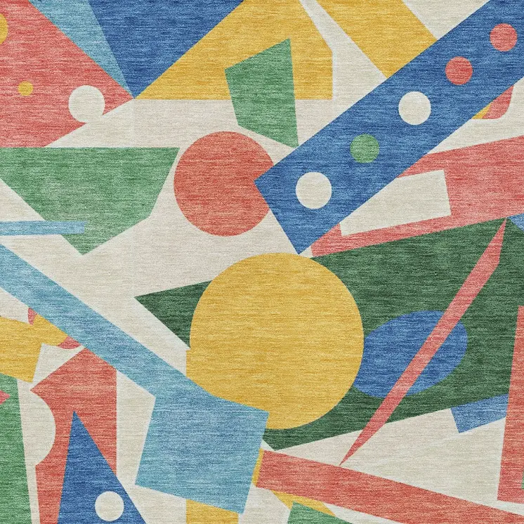 3' X 5' Blue Yellow Coral And Green Geometric Washable Indoor Outdoor Area Rug
