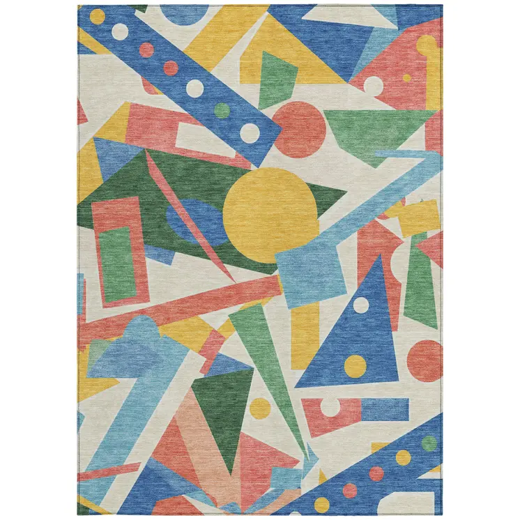 5' X 8' Blue Yellow Coral And Green Geometric Washable Indoor Outdoor Area Rug