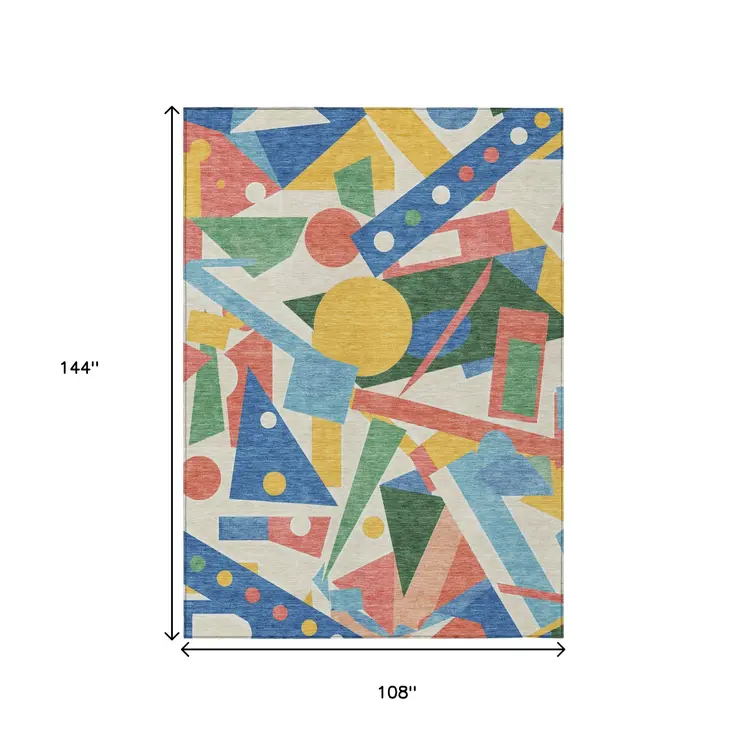 9' X 12' Blue Yellow Coral And Green Geometric Washable Indoor Outdoor Area Rug