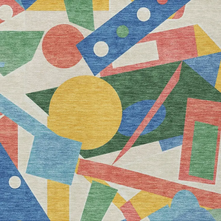 9' X 12' Blue Yellow Coral And Green Geometric Washable Indoor Outdoor Area Rug