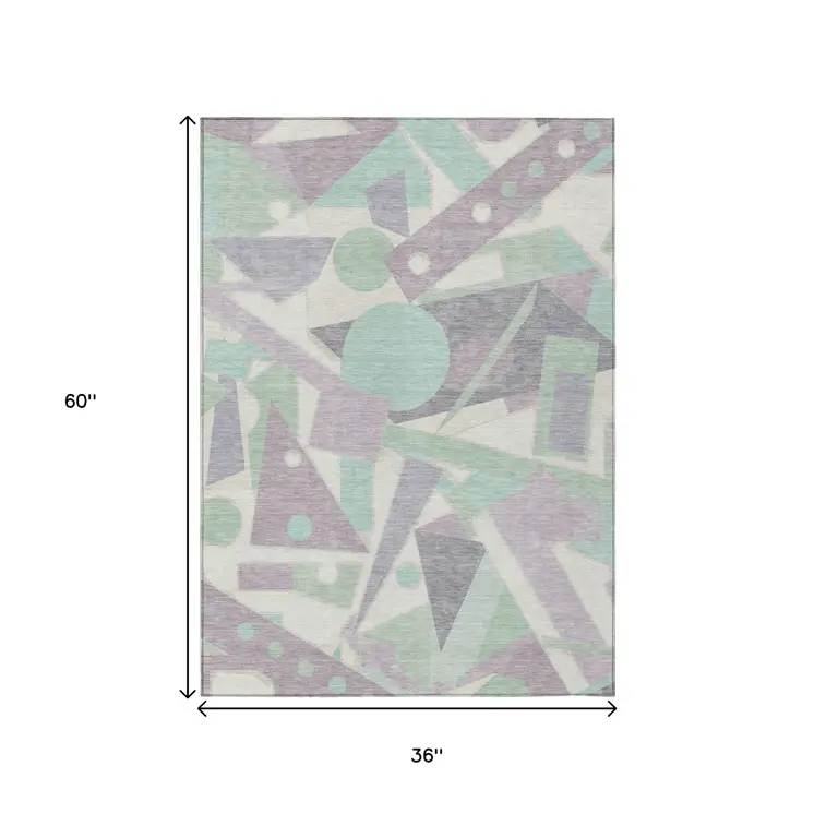 3' X 5' Lilac Lavender Mint Green And Ivory Geometric Washable Indoor Outdoor Area Rug
