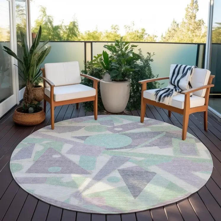8' Lilac Lavender Mint Green And Ivory Round Geometric Washable Indoor Outdoor Area Rug