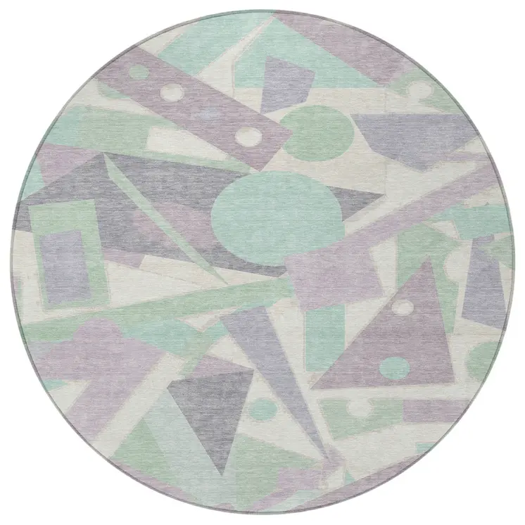 8' Lilac Lavender Mint Green And Ivory Round Geometric Washable Indoor Outdoor Area Rug