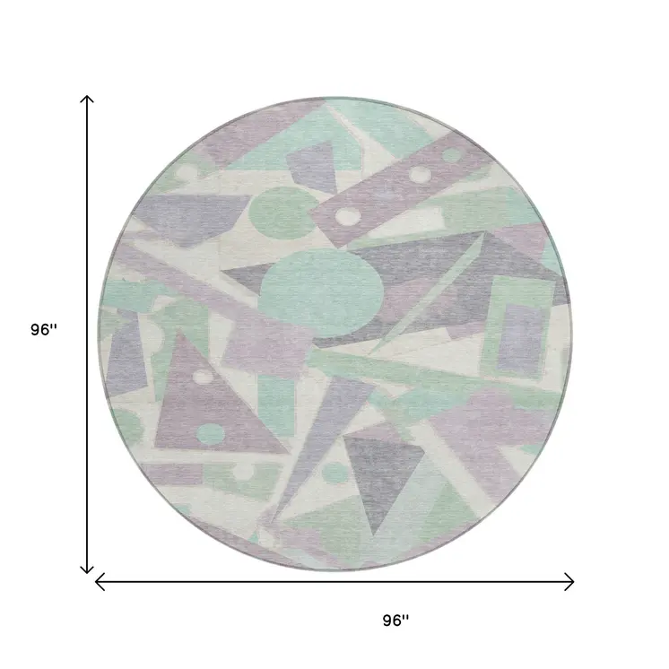 8' Lilac Lavender Mint Green And Ivory Round Geometric Washable Indoor Outdoor Area Rug