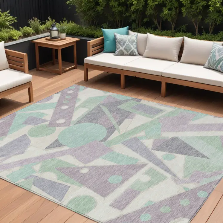 10' X 14' Lilac Lavender Mint Green And Ivory Geometric Washable Indoor Outdoor Area Rug