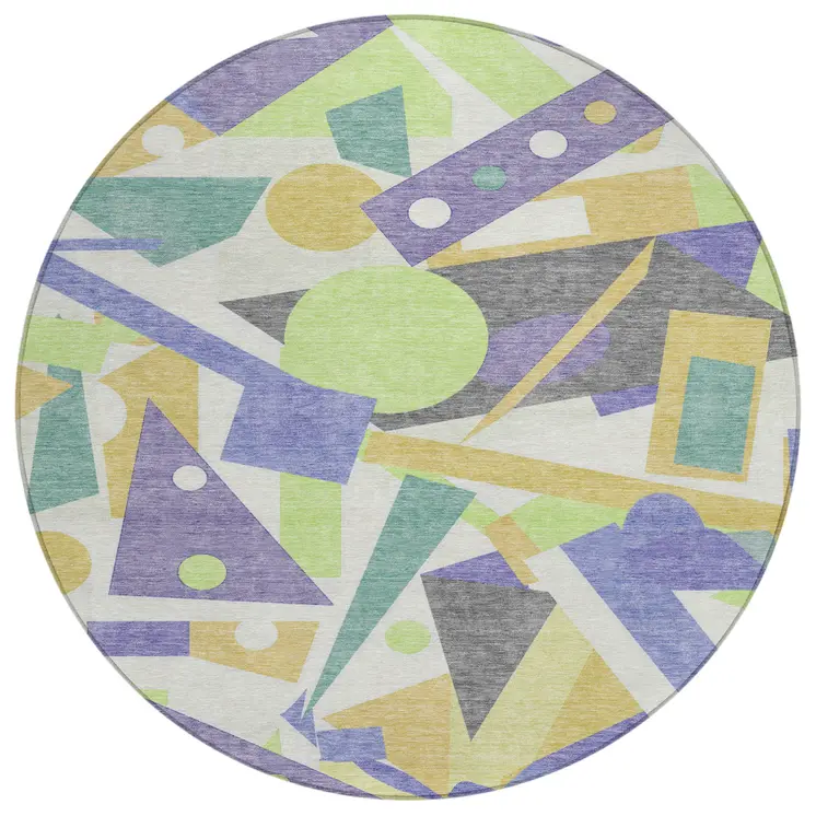 8' Lavender Gold Lime Green And Ivory Round Geometric Washable Indoor Outdoor Area Rug