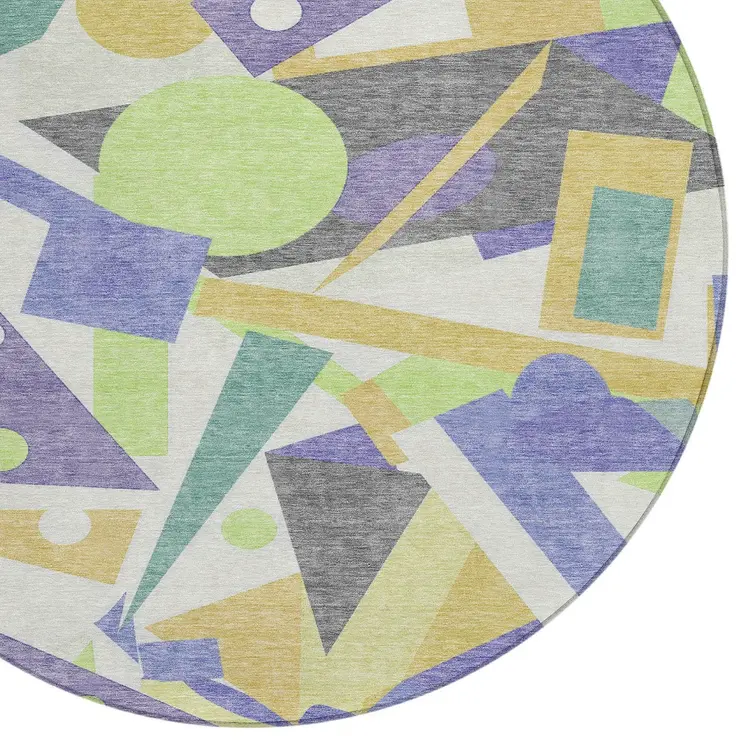 8' Lavender Gold Lime Green And Ivory Round Geometric Washable Indoor Outdoor Area Rug