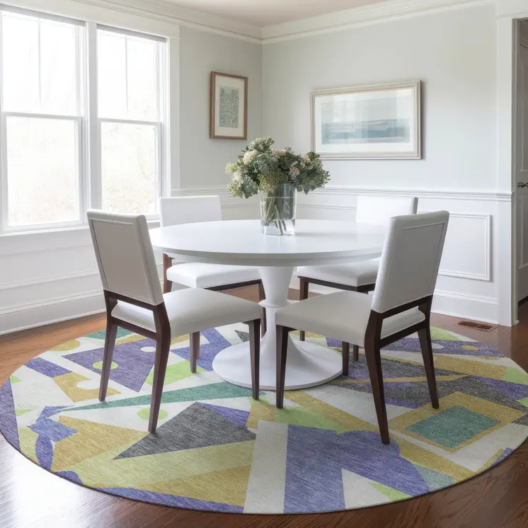 8' Lavender Gold Lime Green And Ivory Round Geometric Washable Indoor Outdoor Area Rug