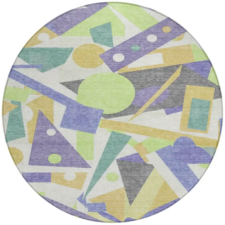 8' Lavender Gold Lime Green And Ivory Round Geometric Washable Indoor Outdoor Area Rug