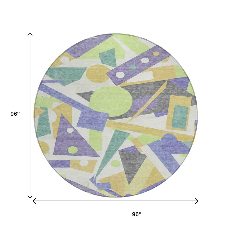 8' Lavender Gold Lime Green And Ivory Round Geometric Washable Indoor Outdoor Area Rug