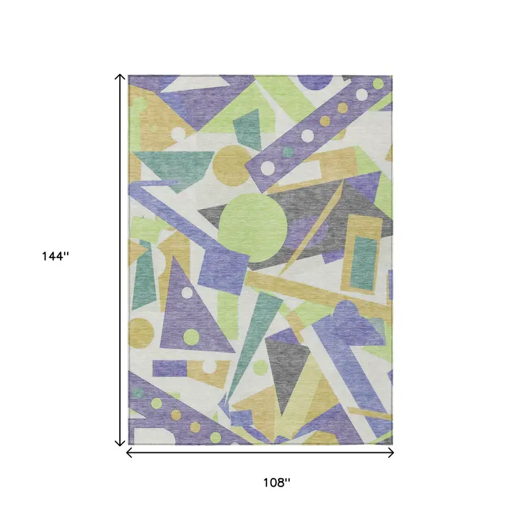 9' X 12' Lavender Gold Lime Green And Ivory Geometric Washable Indoor Outdoor Area Rug