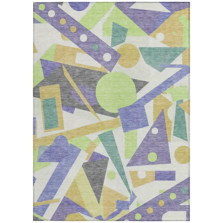 10' X 14' Lavender Gold Lime Green And Ivory Geometric Washable Indoor Outdoor Area Rug