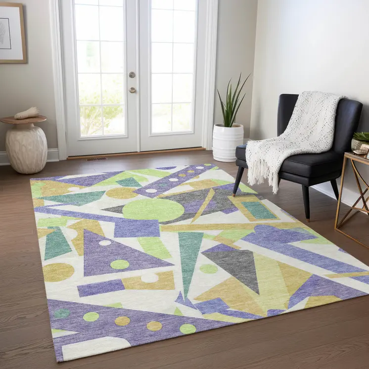 10' X 14' Lavender Gold Lime Green And Ivory Geometric Washable Indoor Outdoor Area Rug