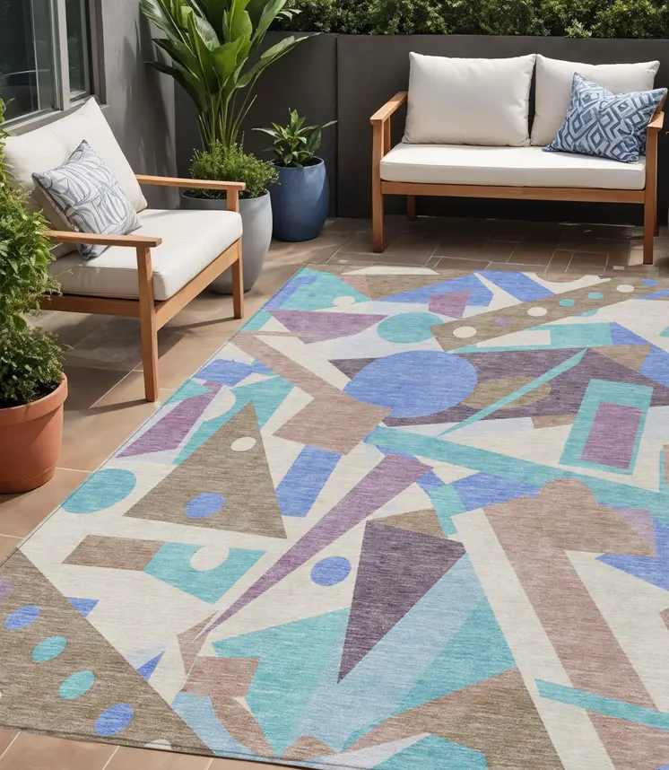 5' X 8' Brown Plum Teal Blue And Ivory Geometric Washable Indoor Outdoor Area Rug