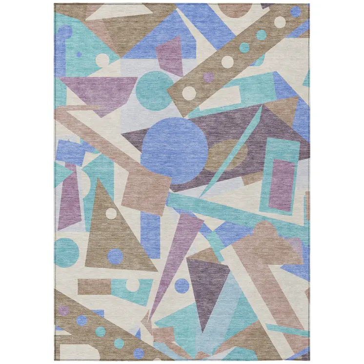 8' X 10' Brown Plum Teal Blue And Ivory Geometric Washable Indoor Outdoor Area Rug