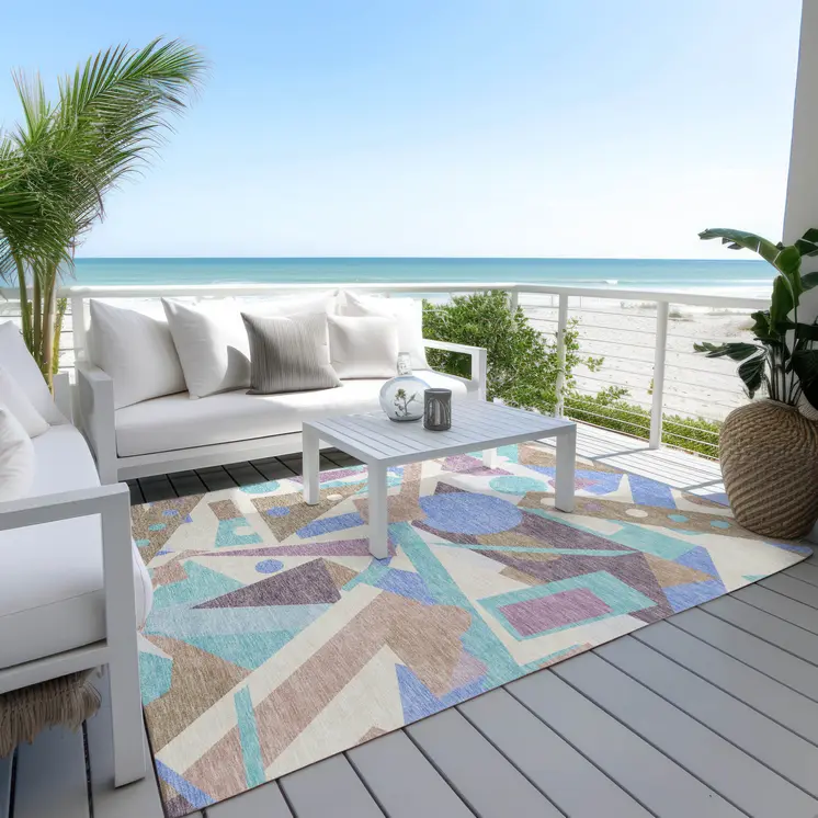 10' X 14' Brown Plum Teal Blue And Ivory Geometric Washable Indoor Outdoor Area Rug